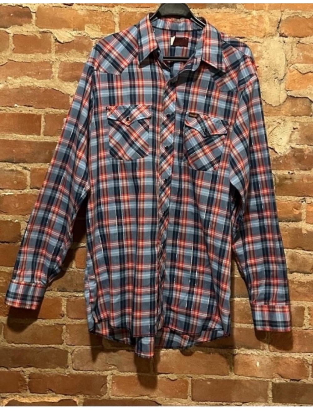 Vintage plaid western shirt w/ gold metallic Pearl snaps XL men’s wrangler